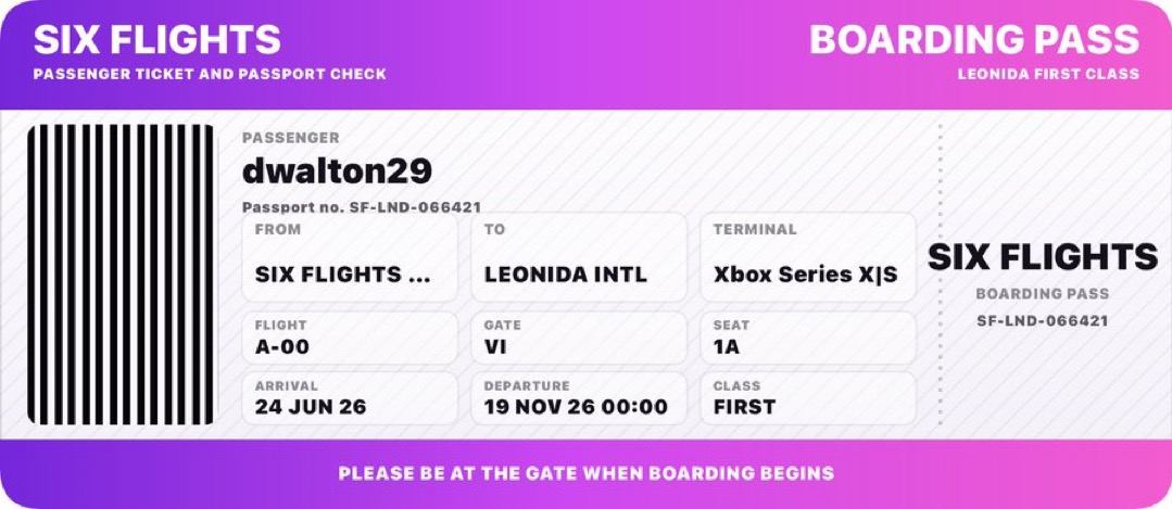 SixFlights boarding pass interface